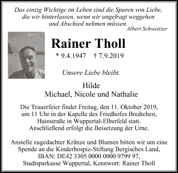 Traueranzeige von Rainer Tholl von wap Schwelm/Gevelsberg/Ennepetal