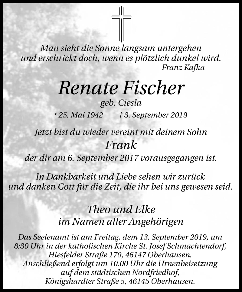  Traueranzeige für Renate Fischer vom 07.09.2019 aus Wochen-Anzeiger Oberhausen