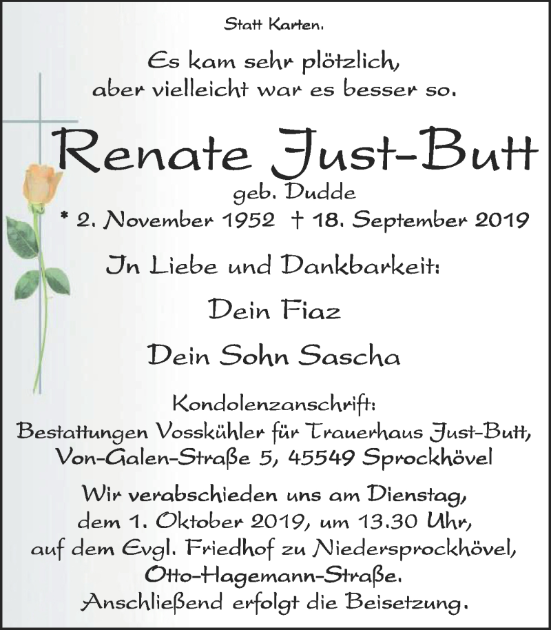  Traueranzeige für Renate Just-Butt vom 28.09.2019 aus Stadtspiegel Hattingen/Niedersprockhövel