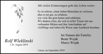 Traueranzeige von Rolf Wleklinski von WVW Anzeigenblätter