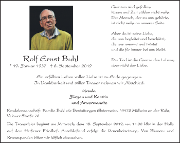 Traueranzeige von Rolf Ernst Buhl von Mülheimer Woche