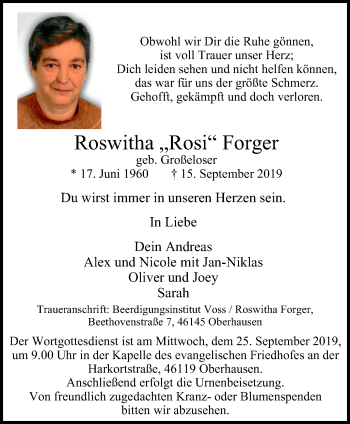 Traueranzeige von Roswitha Forger von WVW Anzeigenblätter