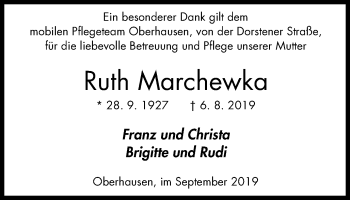 Traueranzeige von Ruth Marchewka von WVW Anzeigenblätter