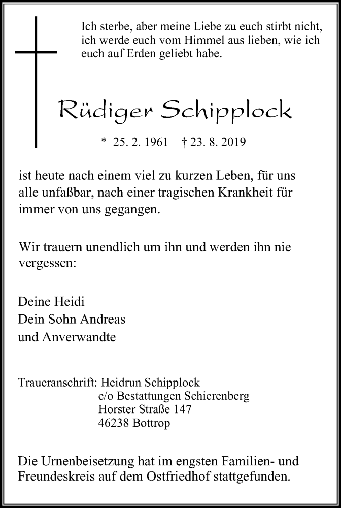  Traueranzeige für Rüdiger Schipplock vom 11.09.2019 aus Stadtspiegel Bottrop