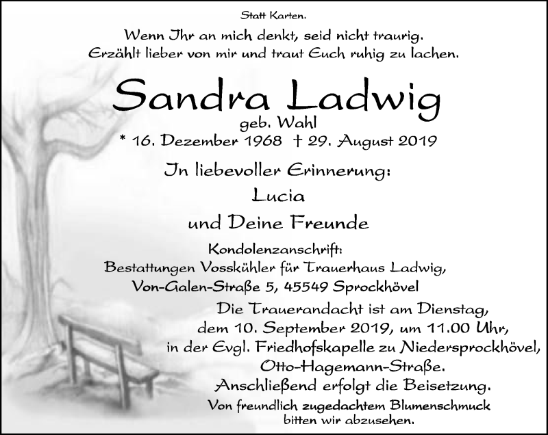  Traueranzeige für Sandra Ladwig vom 07.09.2019 aus Stadtspiegel Hattingen/Niedersprockhövel