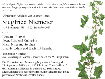 Traueranzeige von Siegfried Niemeier von Lüner Anzeiger