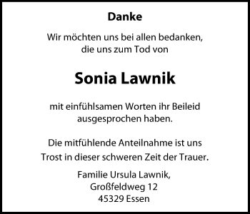 Traueranzeige von Sonia Lawnik von Nord Anzeiger Essen