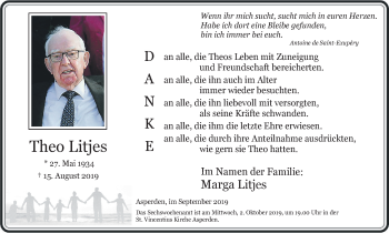 Traueranzeige von Theo Litjes von WVW Anzeigenblätter