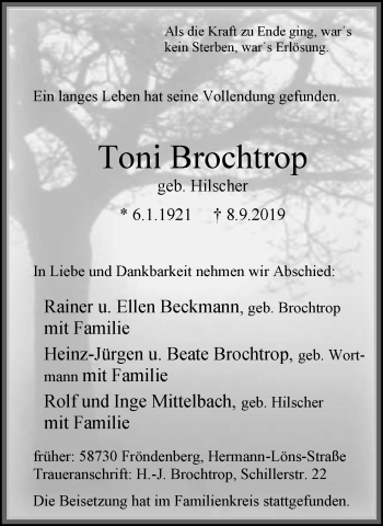 Traueranzeige von Toni Brochtrop von Stadtspiegel Menden + Froendenberg