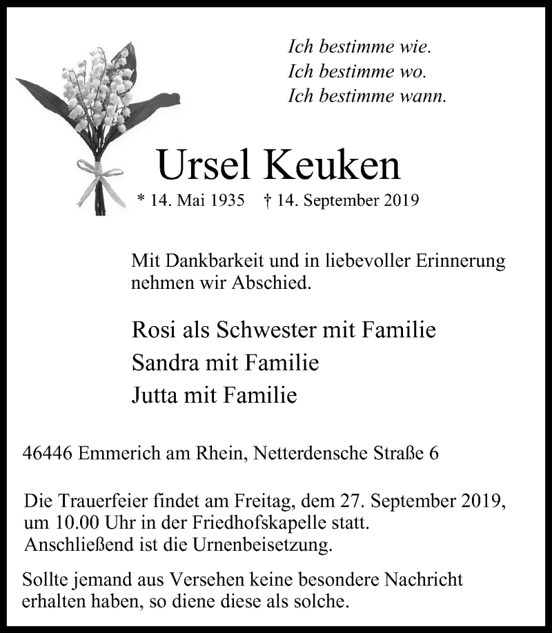  Traueranzeige für Ursel Keuken vom 21.09.2019 aus WVW Anzeigenblätter
