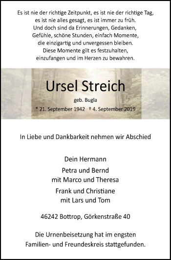 Traueranzeige von Ursel Streich von Stadtspiegel Bottrop