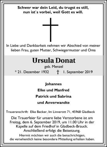 Traueranzeige von Ursula Donat von Stadtspiegel Gladbeck