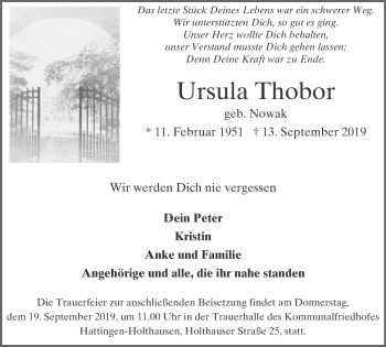 Traueranzeige von Ursula Thobor von Stadtspiegel Hattingen/Niedersprockhövel