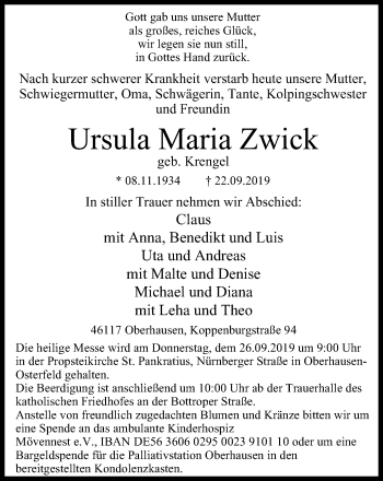 Traueranzeige von Ursula Maria Zwick von Wochen-Anzeiger Oberhausen