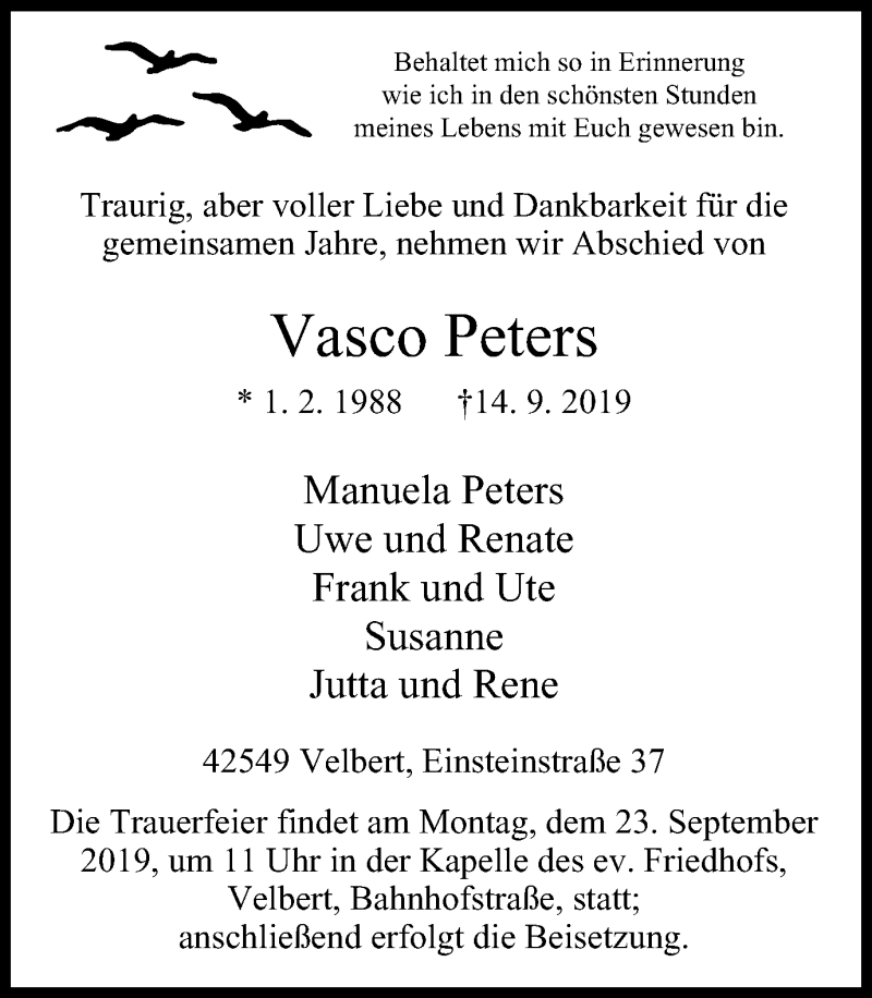  Traueranzeige für Vasco Peters vom 18.09.2019 aus Stadtanzeiger Velbert + Heiligenhaus