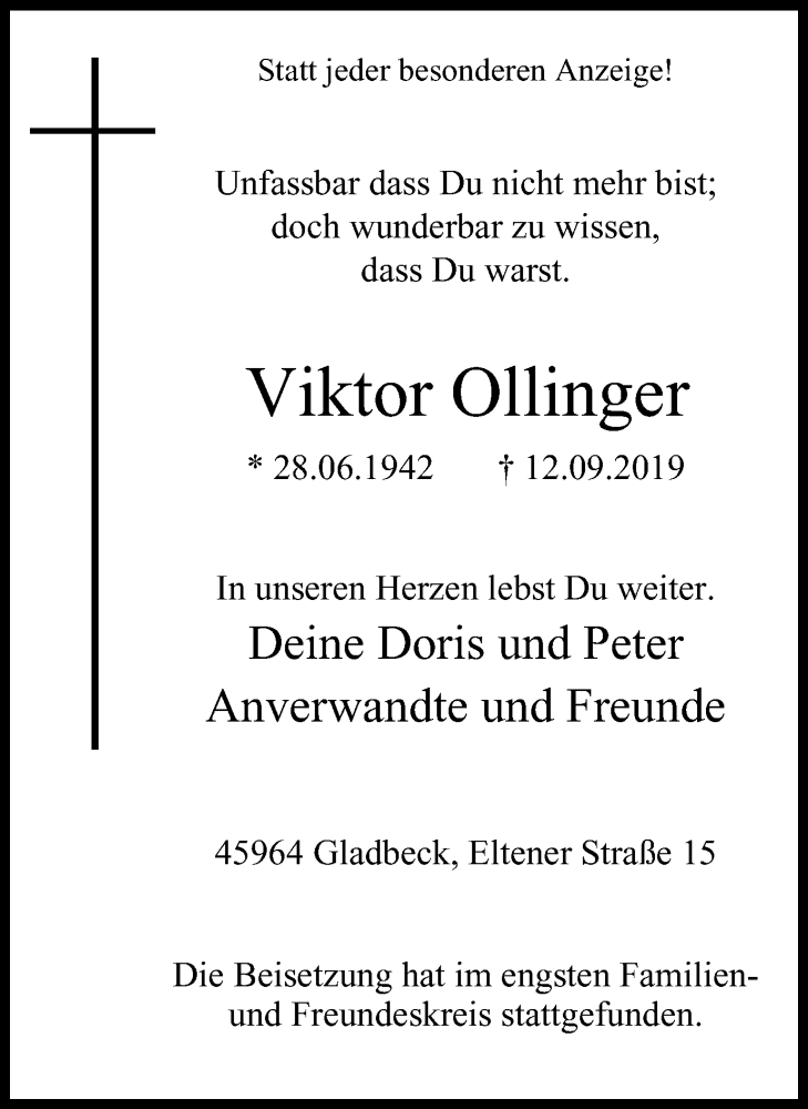  Traueranzeige für Viktor Ollinger vom 21.09.2019 aus WVW Anzeigenblätter