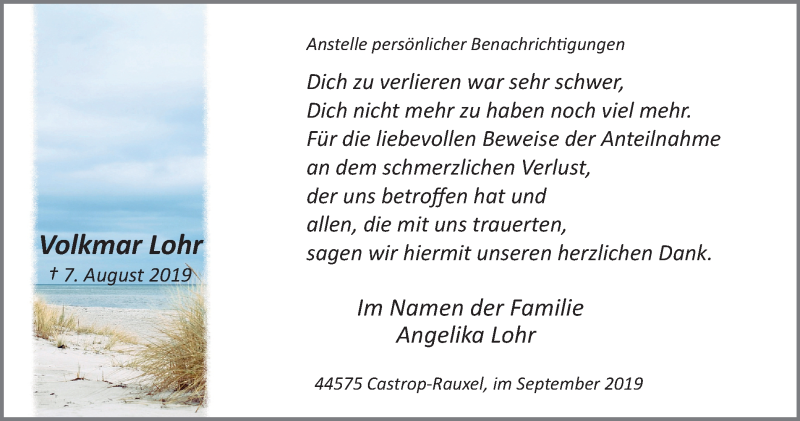  Traueranzeige für Volkmar Lohr vom 14.09.2019 aus Stadtanz.Castrop-Rauxel