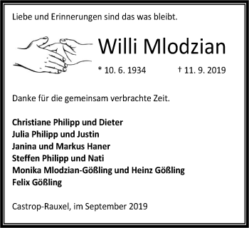 Traueranzeige von Willi Mlodzian von Stadtanz.Castrop-Rauxel
