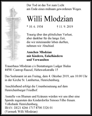 Traueranzeige von Willi Mlodzian von Stadtanz.Castrop-Rauxel