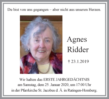 Traueranzeige von Agnes Ridder von WVW Anzeigenblätter