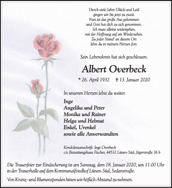 Traueranzeige von Albert Overbeck von Lüner Anzeiger