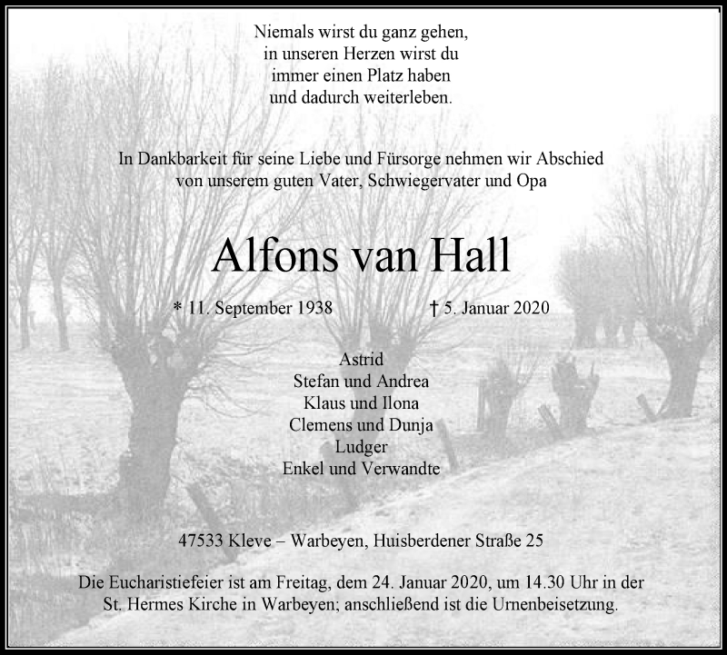  Traueranzeige für Alfons van Hall vom 22.01.2020 aus Klever Wochenblatt