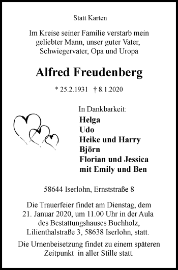 Traueranzeige von Alfred Freudenberg von Stadtspiegel Iserlohn + Hemer