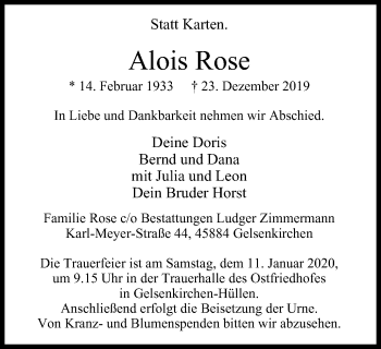 Traueranzeige von Alois Rose von Stadtspiegel Gelsenkirchen