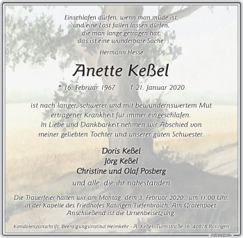 Traueranzeige von Anette Keßel von WVW Anzeigenblätter