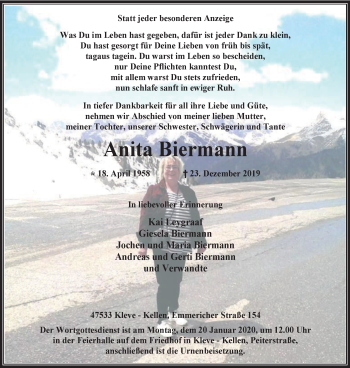 Traueranzeige von Anita Biermann von Klever Wochenblatt