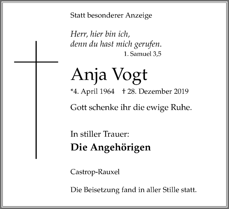  Traueranzeige für Anja Vogt vom 18.01.2020 aus Stadtanz.Castrop-Rauxel