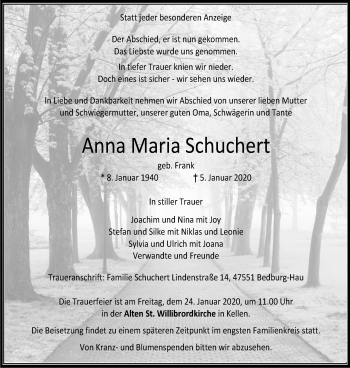 Traueranzeige von Anna Maria Schuchert von Klever Wochenblatt