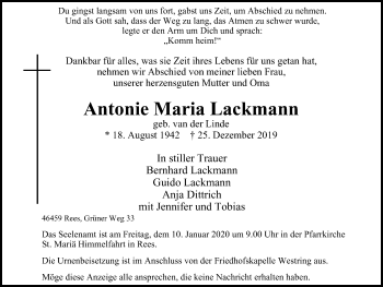 Traueranzeige von Antonie Maria Lackmann von Stadtanzeiger Emmerich/Rees/Isselburg