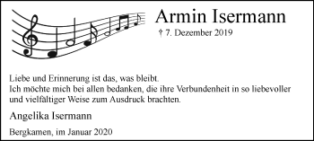Traueranzeige von Armin Isermann von Stadtspiegel Kamen + Unna