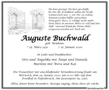 Traueranzeige von Auguste Buchwald von WVW Anzeigenblätter