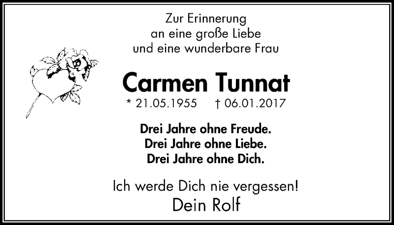  Traueranzeige für Carmen Tunnat vom 11.01.2020 aus Stadtspiegel Bochum