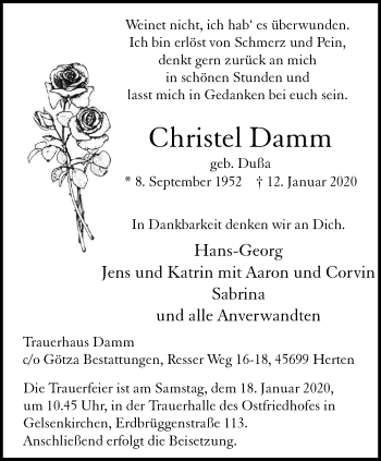 Traueranzeige von Christel Damm von Stadtspiegel Gelsenkirchen