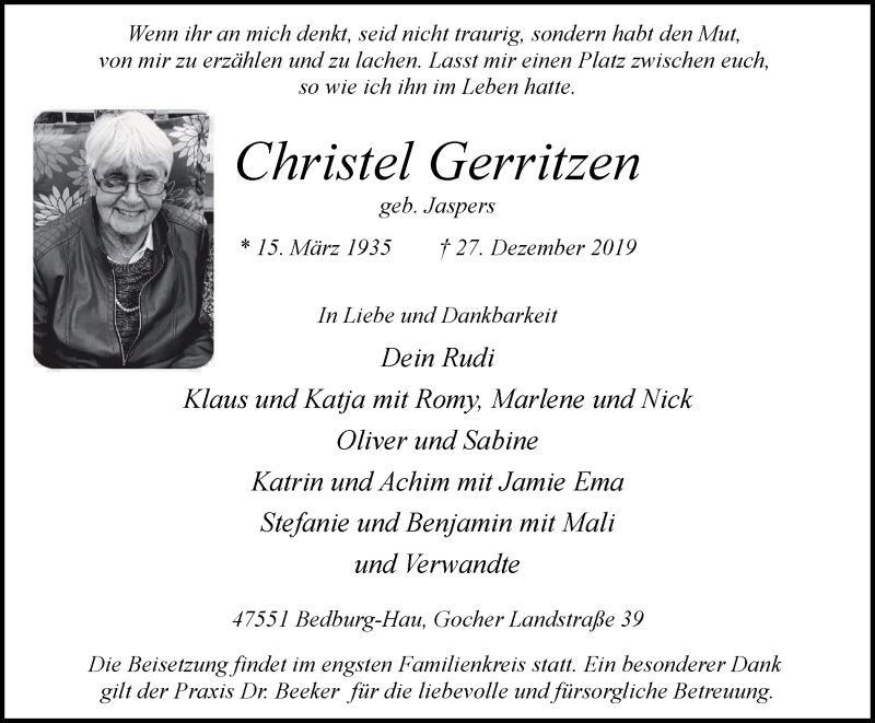  Traueranzeige für Christel Gerritzen vom 04.01.2020 aus Klever Wochenblatt