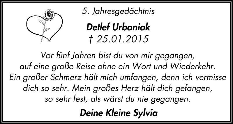  Traueranzeige für Detlef Urbaniak vom 25.01.2020 aus Wochenblatt Herne/Wanne-Eickel