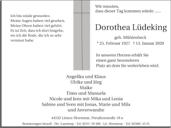 Traueranzeige von Dorothea Lüdeking von Lüner Anzeiger