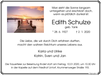 Traueranzeige von Edith Schulze von WVW Anzeigenblätter