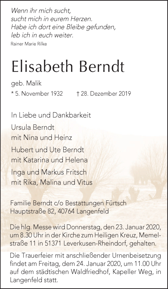  Traueranzeige für Elisabeth Berndt vom 18.01.2020 aus Wochen-Anzeiger Langenfeld/Monheim/Hilden