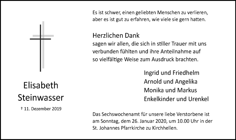  Traueranzeige für Elisabeth Steinwasser vom 22.01.2020 aus Stadtspiegel Bottrop