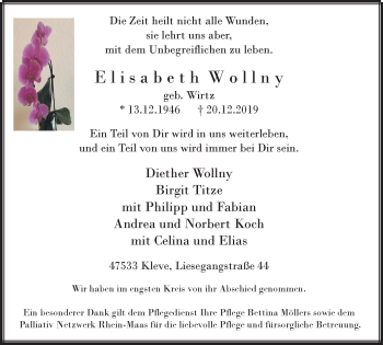 Traueranzeige von Elisabeth Wollny von Klever Wochenblatt