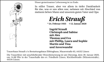 Traueranzeige von Erich Strauß von Lüner Anzeiger