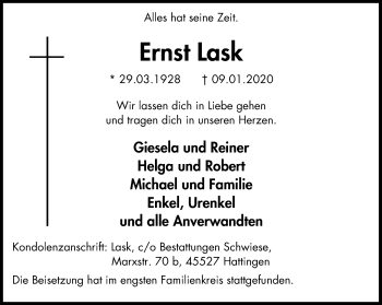Traueranzeige von Ernst Lask von Stadtspiegel Hattingen/Niedersprockhövel