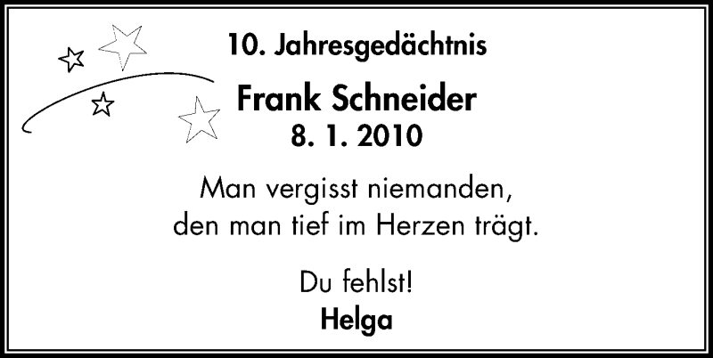  Traueranzeige für Frank Schneider vom 08.01.2020 aus Wochen-Anzeiger Oberhausen