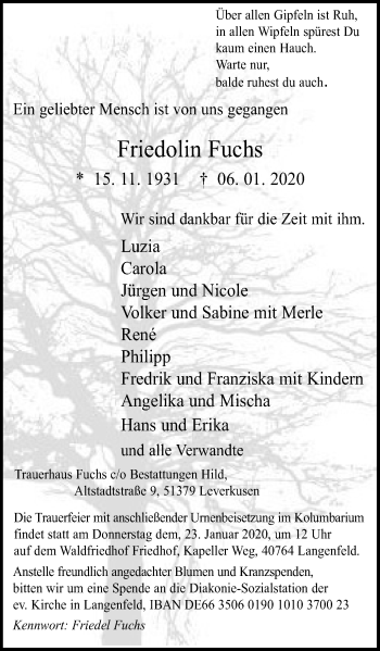 Traueranzeige von Friedolin Fuchs von Wochen-Anzeiger Langenfeld/Monheim/Hilden