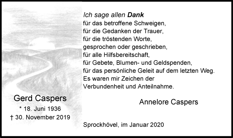 Traueranzeige für Gerd Caspers vom 25.01.2020 aus Stadtspiegel Hattingen/Niedersprockhövel