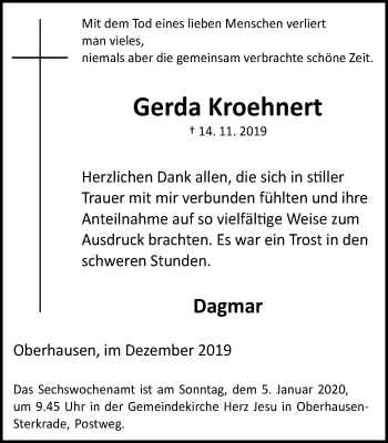 Traueranzeige von Gerda Kroehnert von Wochen-Anzeiger Oberhausen